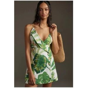 Farm Rio Tropical Forest Linen Mini Dress Off-White Green S